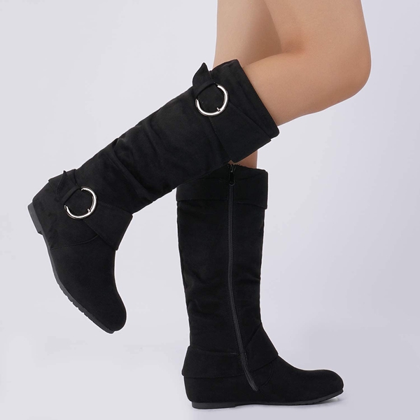 Low Heel Knee High Boots - BLACK SUEDE - 1